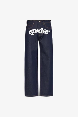 Sp5der Mens V3 Brand-Print Straight-Leg Relaxed-Fit Denim Jeans