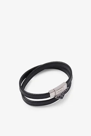 Prada Mens Logo-Plaque Saffiano-Leather Bracelet