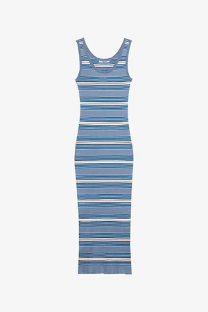 Prada Womens Stripe-Print Triangle-Logo Stretch-Cotton Midi Dress