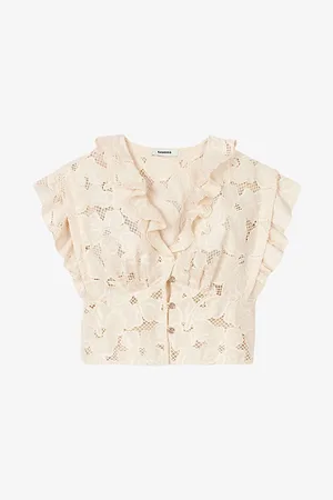 Sandro Womens Frill-Trim Lace-Embroidered Cotton-Blend Top