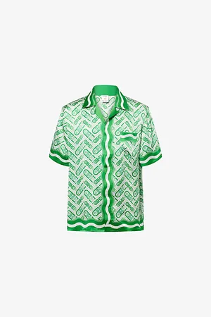 Casablanca Mens Ping Pong Monogram Cuban-Collar Short-Sleeve Silk Shirt