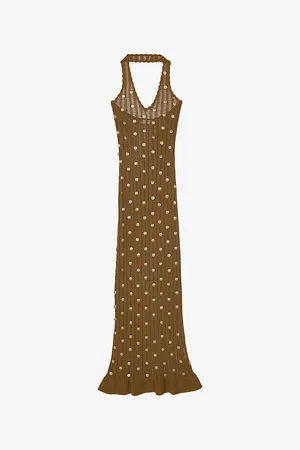 Sandro Womens Halter-Neck Metal-Tassel Cotton-Knit Maxi Dress