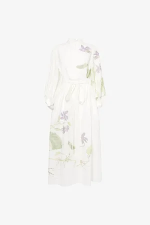Erdem Womens Floral-Print Puff-Sleeve Linen Midi Dress