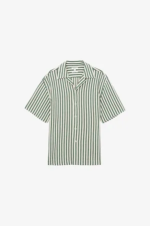Reiss Mens Trig Cuban-Collar Striped Cotton-Blend Shirt