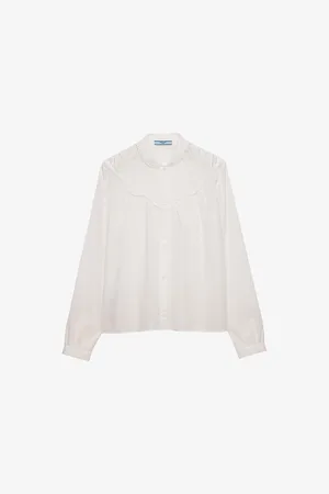 Prada Womens Embroidered Lace-Trim Cotton Batiste Shirt