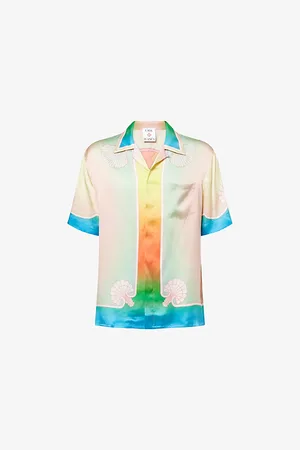 Casablanca Mens Cuban-Collar Short-Sleeve Silk Shirt