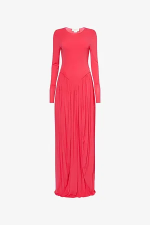 GENNY Womens Long-Sleeve Gathered-Waist Stretch-Jersey Maxi Dress