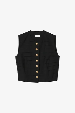 Sandro Womens Button-Down Pleated Cotton-Blend Crop Top