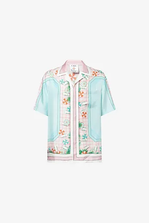 Casablanca Mens Copacabana Cuban-Collar Short-Sleeve Silk Shirt