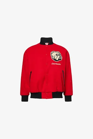 ICECREAM Mens Bulldog Applique Brushed-Fleece Varsity Jacket