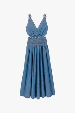 Maje Womens Cut-Out Smocked-Waist Denim Maxi Dress