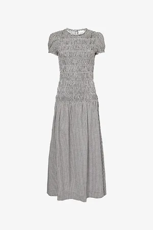 Reformation Womens Kiria Shirred-Bodice Check Woven Midi Dress