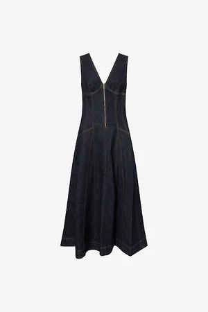 Self-Portrait Womens V-Neck Flared Stretch-Denim Blend Midi Dress