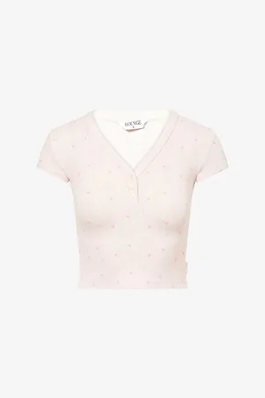 Lounge Underwear Womens Pointelle Short-Sleeve Stretch-Cotton Pyjama Top