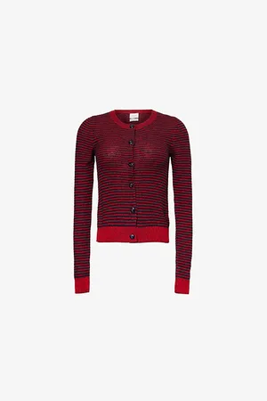 Barrie Womens Striped Round-Neck Cashmere, Wool and Silk-Blend Cardigan
