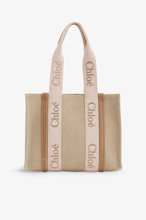 Chloé Womens Woody Medium Linen and Leather Tote Bag