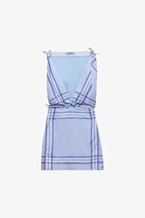 Prada Womens Check-Print Tied-Shoulder Cotton Mini Dress