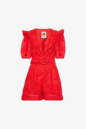 Farm Rio Womens Broderie Puff-Sleeve Cotton Romper Playsuit