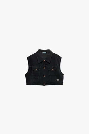 Prada Womens Logo-Plaque Cropped Cotton-Corduroy Waistcoat