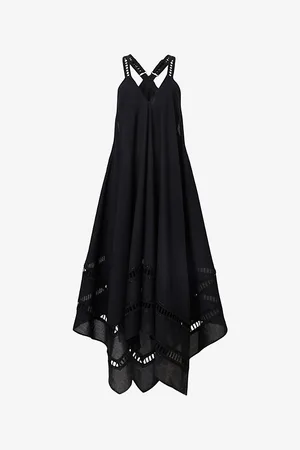 AllSaints Womens Lil Embroidered-Trim Asymmetric-Hem Cotton Maxi Dress