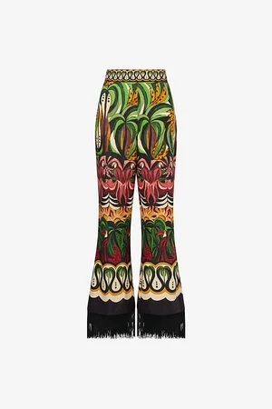 Farm Rio Womens Flow Fringe Flared-Leg Linen-Blend Trousers