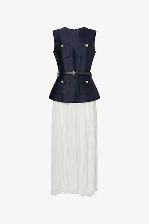 Self-Portrait Womens Pleated Sleeveless Woven Midi Dress