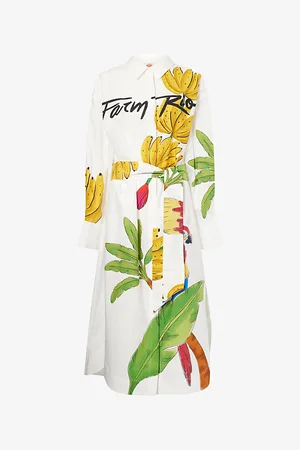 Farm Rio Womens Belted Long-Sleeves Cotton-Poplin Chemise