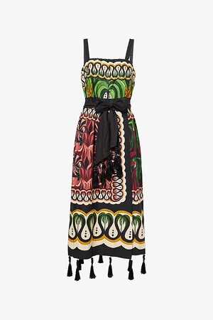 Farm Rio Womens Belted Linen-Blend Midi Dress