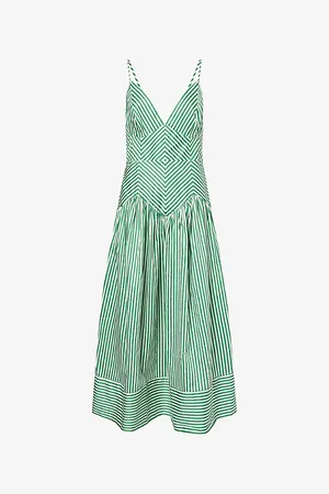 Farm Rio Womens Striped V-Neck Cotton-Poplin Midi Dress