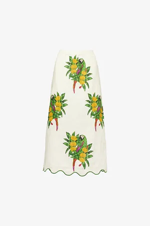 Farm Rio Womens Graphic-Pattern Scalloped Linen Midi Skirt
