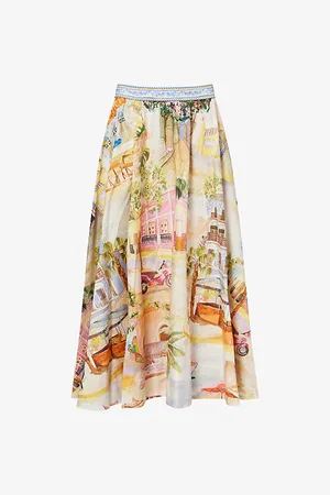 Farm Rio Womens Aracati Pleated Cotton-Poplin Midi Skirt