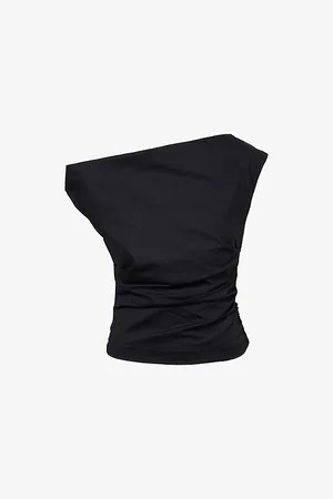 GOOD AMERICAN Womens Asymmetric-Shoulder Ruched Cotton-Poplin Top