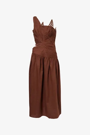 Farm Rio Womens Leaves Cut-Out Linen-Blend Midi Dress