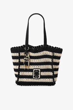 Sandro Womens Striped Crochet Woven Tote Bag