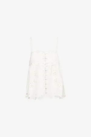 Farm Rio Womens Flowers Richelieu Embroidered Linen Top