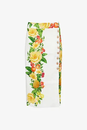 Farm Rio Womens Picnic Flowers High-Waist Linen Midi Skirt