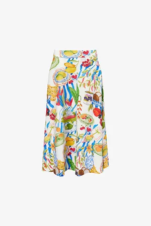 Farm Rio Womens Fresh Table Pleated Linen-Blend Midi Skirt