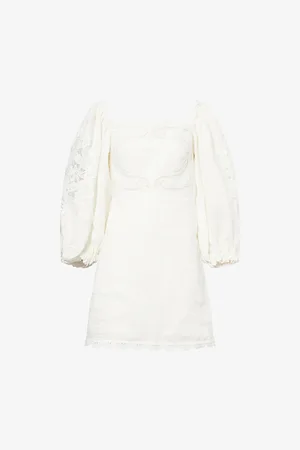 Farm Rio Womens Embroidered Balloon-Sleeves Linen Mini Dress