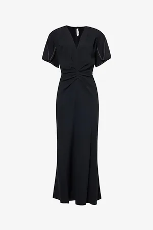 Victoria Beckham Womens V-Neck Flared-Hem Stretch-Woven Midi Dress