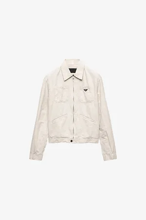 Prada Mens Brand-Plaque Washed Cotton and Linen-Blend Jacket