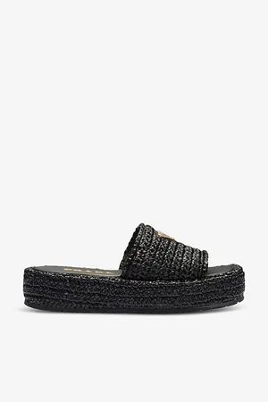 Prada Womens Logo-Plaque Crochet Woven Sliders