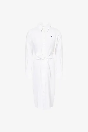 Ralph Lauren Womens Logo-Embroidered Long-Sleeve Linen Midi Shirt Dress