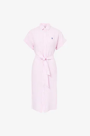 Ralph Lauren Womens Logo-Embroidered Stripe-Print Linen Midi Shirt Dress