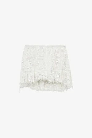 Loewe Womens Frayed-Hem Pleated Cotton-Blend Lace Mini Skirt