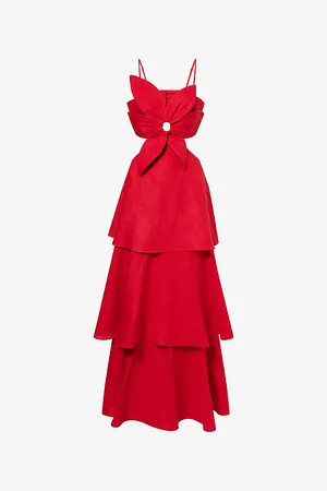 Farm Rio Womens Flower-Appliqué Ruffled Linen-Blend Maxi Dress