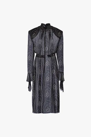 Prada Womens Printed Long-Sleeve Georgette Midi Dress