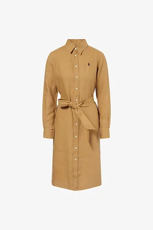 Ralph Lauren Womens Logo-Embroidered Long-Sleeve Linen Midi Shirt Dress
