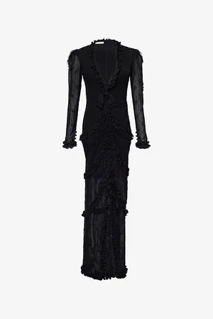 Alessandra Rich Womens V-Neck Ruffled Lace Maxi Dress