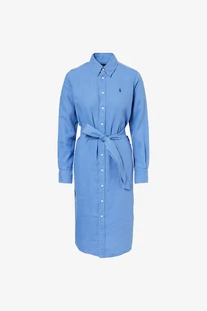 Ralph Lauren Womens Belted Long-Sleeves Linen Midi Dress
