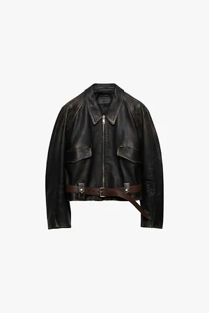 Prada Womens Belted-Hem Faded Leather Jacket